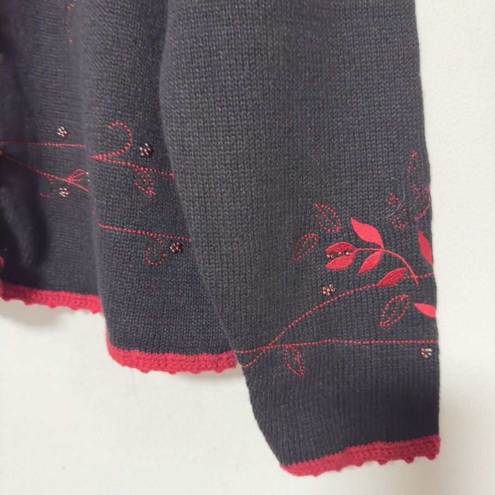 Vintage Christopher Banks Hand Embroidered Black Red Sweater Beaded Cardigan XL - Picture 4 of 13